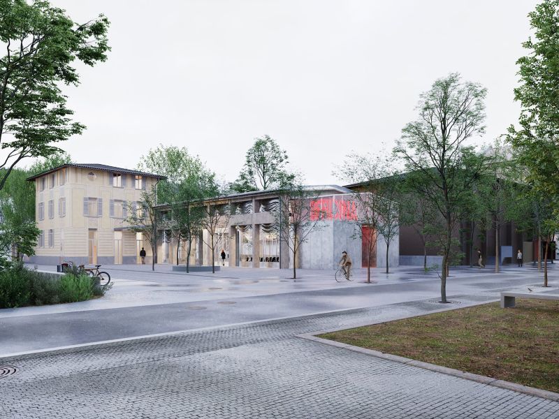 Aussenansicht mit Leuchtschrift