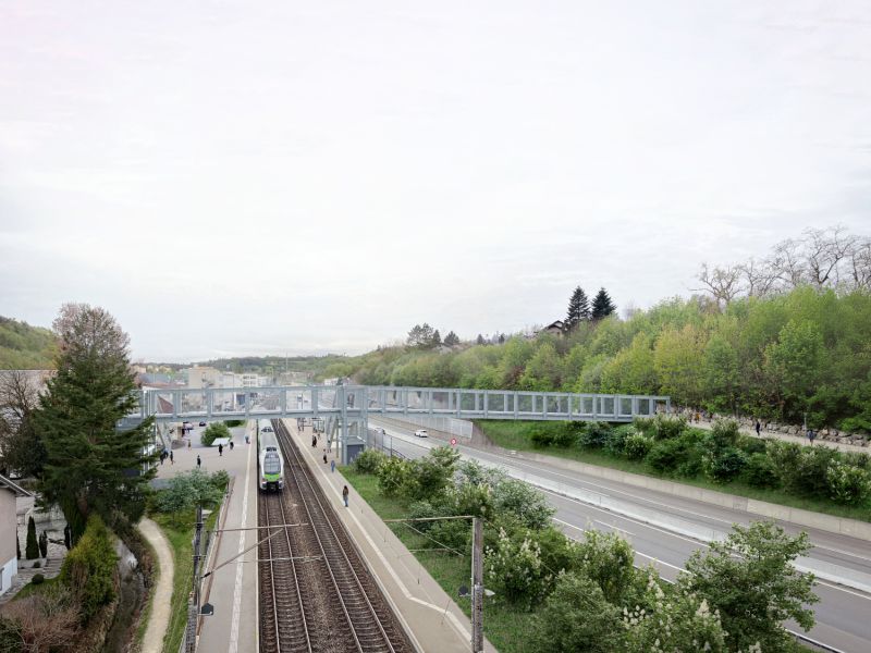 Die Brücke aus ReUse Stahlprofilen verbindet über Bahn und Autobahn zwei Stadtteile von Niederwangen
