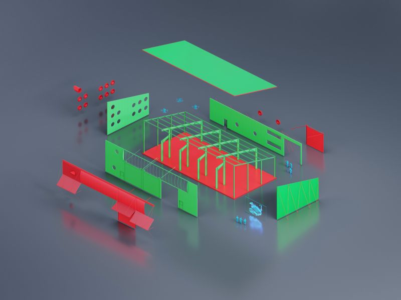 Schema der wiederverwendeten Bauteile (grün) und der neuen Bauteile (rot) für das Magazin der Feuerwehr