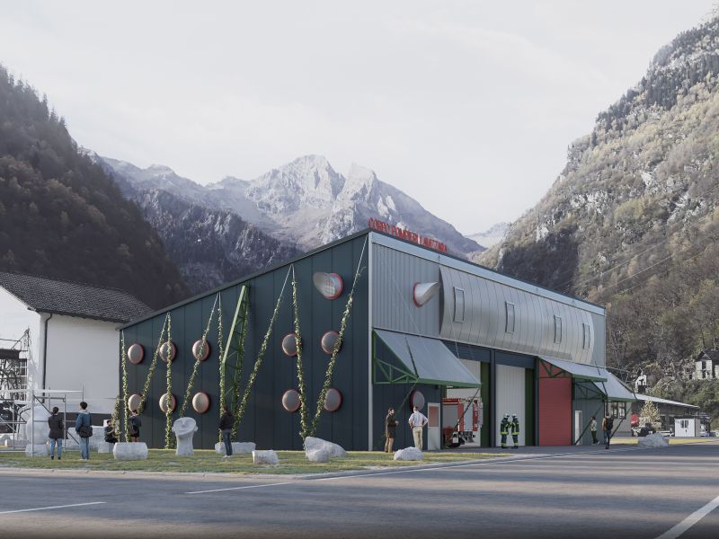 Die ReUse Bauelemente der Beachvolleyhalle werden zum neuen Magazin der Feuerwehr in Peccia (TI)