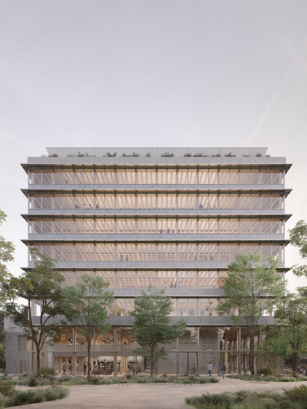 Das hohe Stadthaus steht mittig im neuen Parkartigen Sternenplatz