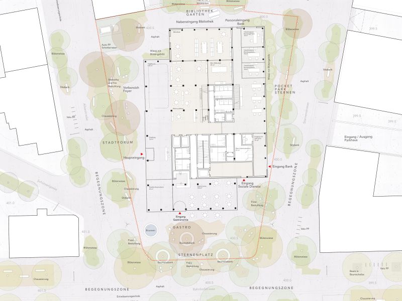 Grundriss des Erdgeschosses mit umgebender Parklandschaft